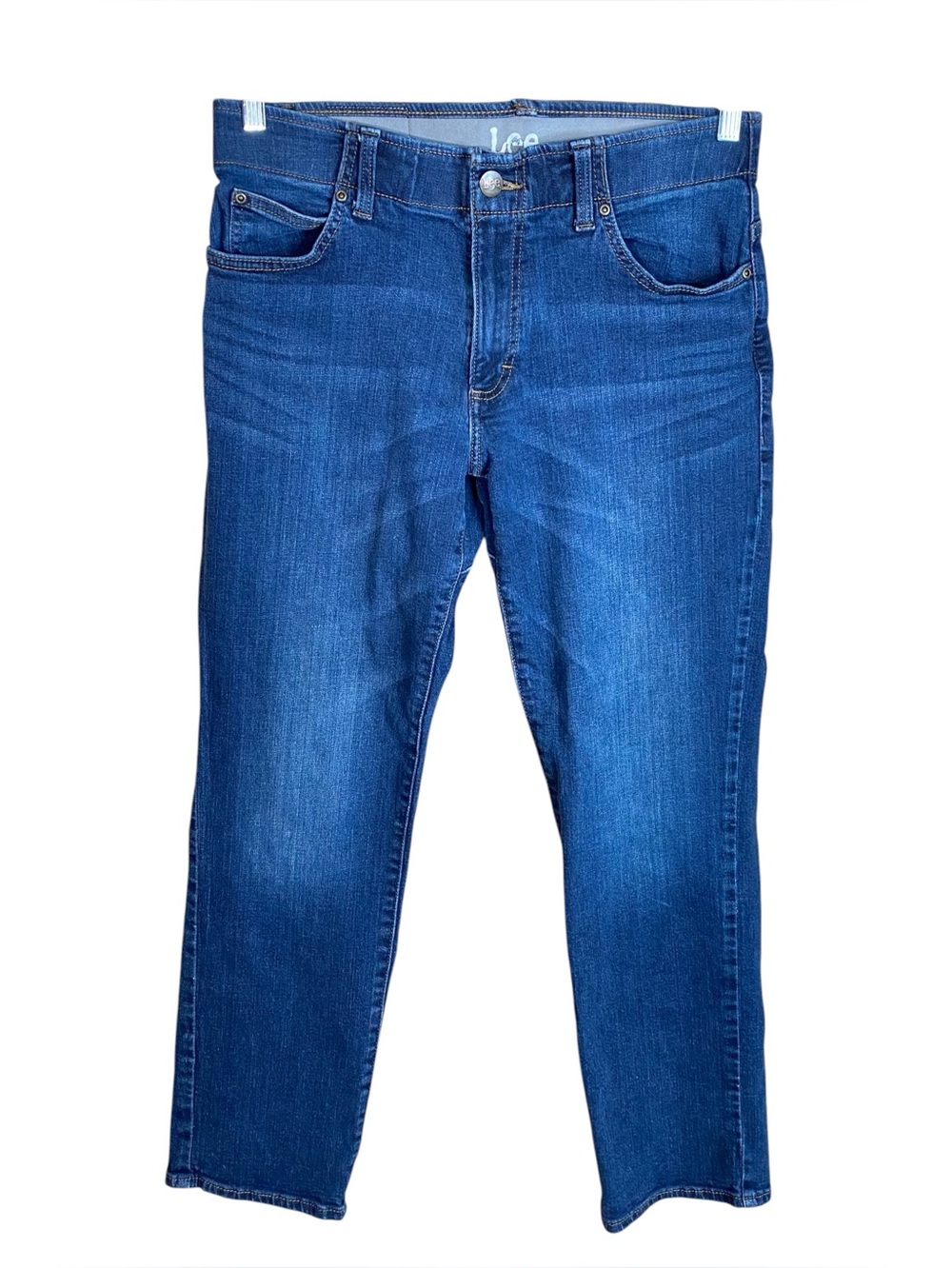 Lee Straight Taper Mens Jeans SZ 32-30 Non Slip Waist Band Mid Rise Dark Wash